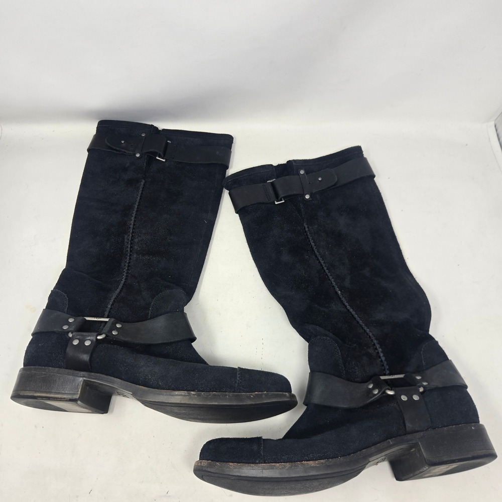 UGG Australia Black Suede Harness Moto Boots 1005590 Womens 9.5 Tall Leather